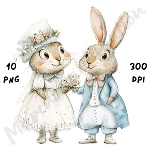 10 PNG de una peculiar pareja de conejos de boda, animales de dibujos animados caprichosos, imágenes prediseñadas de conejito romántico de acuarela para manualidades de papel, diario basura