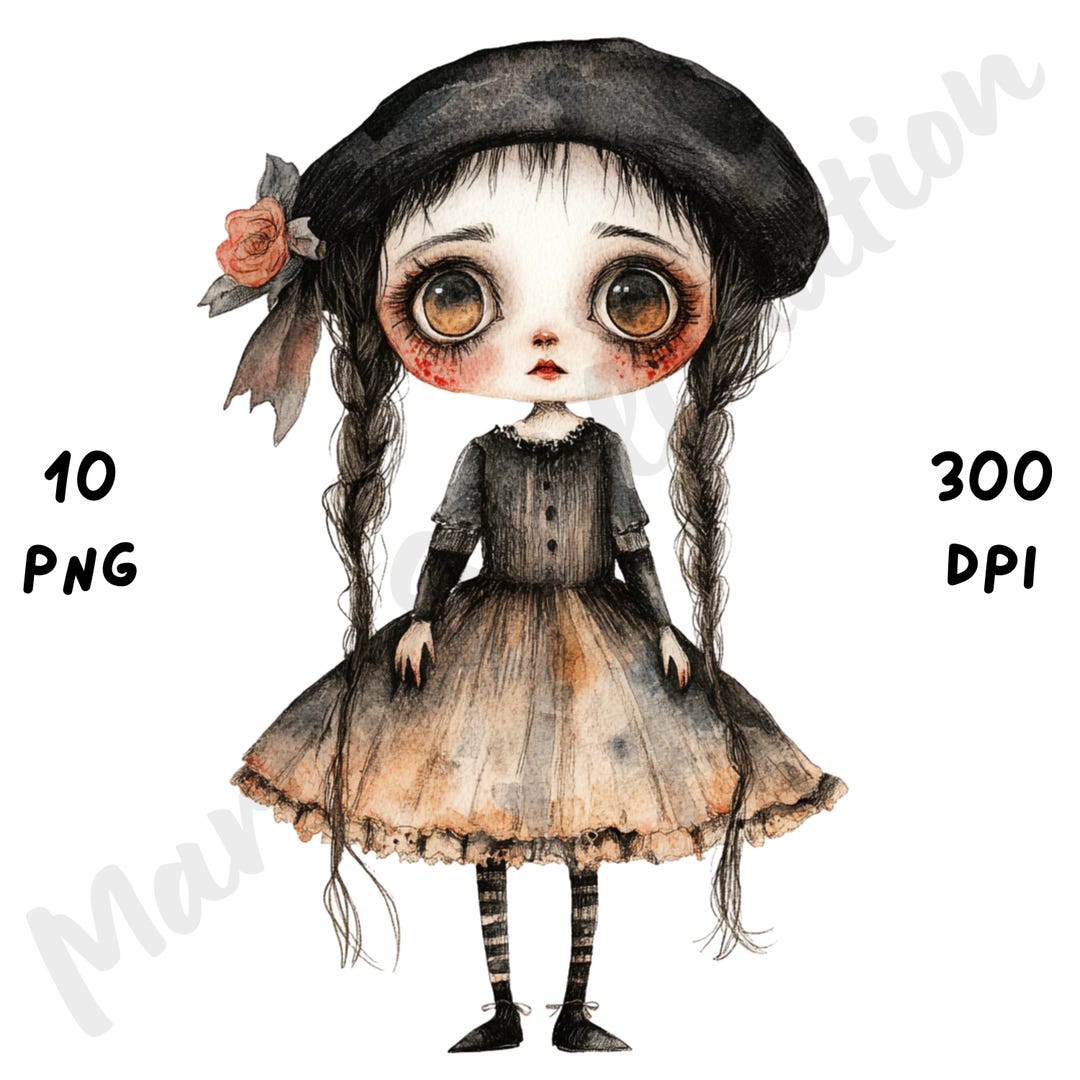10 PNG Quirky Gothic Doll Clipart, Watercolor Cartoon Spooky Doll ...