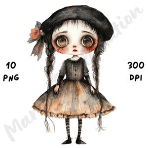 10 imágenes PNG de muñecas góticas peculiares, muñeca espeluznante de acuarela, marioneta espeluznante y caprichosa por sublimación, diario basura, álbum de recortes, manualidades de papel