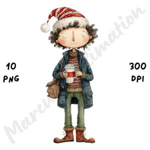 10 PNG Quirky Christmas Boy Clipart, Whimsical Funny Kid with Santa Hat Sublimation, Watercolor Cartoon Xmas for Junk Journals & Scrapbook