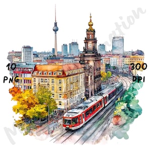 10 PNG eigenzinnige Berlijnse scène clipart, aquarel uitzicht op de stad Berlijn, grillige Duitsland stadsgezicht, stad landschap illustraties, cartoon reiskunst