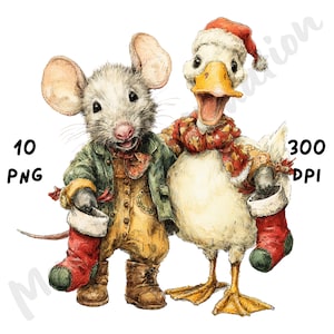 10 PNG Quirky Christmas Mouse and Duck Clipart, Funny Whimsical Animal Sublimation, Watercolor Cartoon Winter Animals with Xmas Ornaments