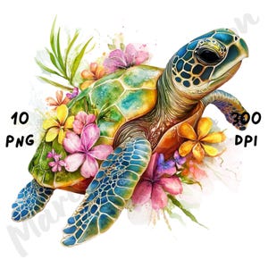 May include: A watercolour painting of a green, blue and orange sea turtle with a shell pattern. The turtle is surrounded by pink, yellow and purple flowers. The background is a white watercolour wash.