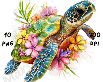 10 PNG Summer Turtle Clipart – Watercolor Floral Sea Turtle Sublimation, Tropical Ocean Animal, Summer Vibes Art, Digital Download PNG