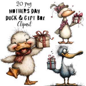 Könnte beinhalten: Digitale Illustration mit drei Cartoon-Enten, die Geschenkboxen halten. Die Enten tragen Schals und Hüte. Der Text oben lautet "20 png MOTHER'S DAY DUCK & GIFT BOX Clipart".