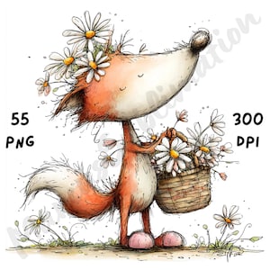 Puede incluir: Ilustraci&oacute;n caprichosa de un zorro con pelaje naranja y blanco, con una corona de margaritas y una cesta llena de margaritas. El zorro est&aacute; en un &aacute;rea cubierta de hierba con m&aacute;s margaritas. Incluye el texto "55 PNG" y "300 DPI".