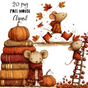 May include: A digital illustration set featuring mice in autumn settings. One mouse wears a coat and boots, another wears a scarf, and a third climbs a ladder to pick apples. A stack of five books topped with a pumpkin is included with text 20 png FALL MOUSE Clipart.