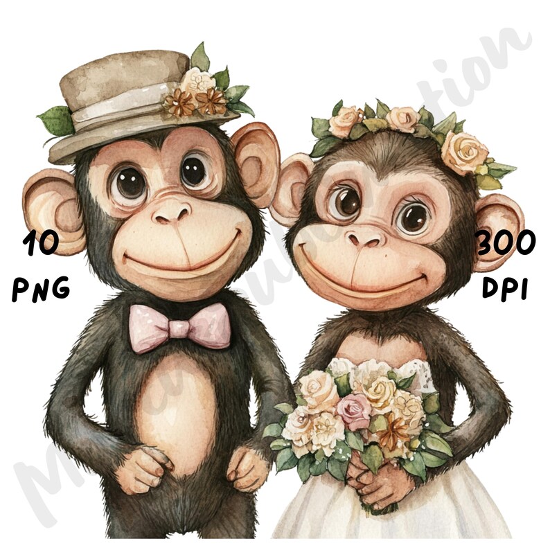 10 PNG Quirky Wedding Monkey Couple Clipart, Whimsical Cartoon Animal ...