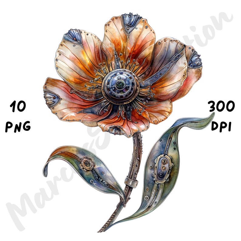10 PNG Steampunk Spring Flower Clipart – Mechanical Floral ...