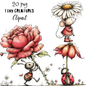 May include: A whimsical illustration featuring a large pink rose, an ant holding the stem, a mouse under a daisy umbrella, and a ladybug. The text "20 png Tiny Creatures Clipart" is at the top.