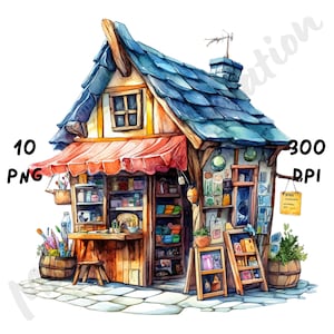 10 imágenes prediseñadas de tienda de artículos de arte extravagantes PNG: escena de tienda con dibujos divertidos y extravagantes PNG para revistas basura, álbumes de recortes, tarjetas y manualidades digitales