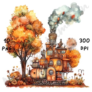 May include: Watercolor illustration of an autumn-themed train with a whimsical design. The train is painted in shades of orange and brown, with a large tree and foliage in the background. The image includes the text "10 PNG" and "300 DPI".