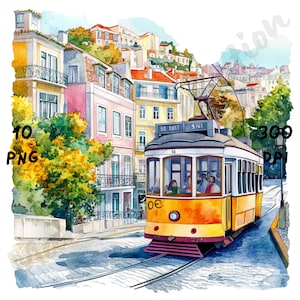 10 imágenes prediseñadas de escenas peculiares de Lisboa, vista de la ciudad de Lisboa en acuarela, paisaje urbano extravagante de Portugal, imágenes prediseñadas de paisajes, dibujos animados de viajes portugueses