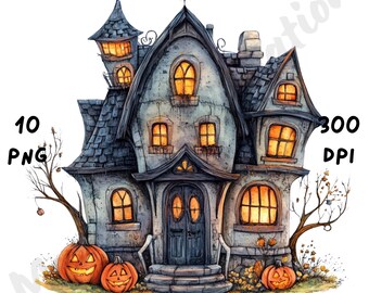 10 PNG Quirky Haunted House Clipart, Watercolor Cartoon Halloween Sublimation, Whimsical Magical Objects for Paper Crafts & Junk Journals
