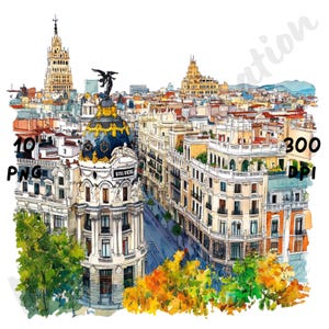 10 imágenes PNG de escenas peculiares de Madrid, vista de la ciudad de Madrid en acuarela, paisaje urbano español caprichoso, imágenes prediseñadas de paisajes, viajes en español con dibujos animados