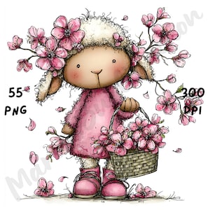 Puede incluir: Ilustraci&oacute;n caprichosa de una oveja con un vestido y zapatos rosas, adornada con flores de cerezo rosas. La oveja lleva una cesta de mimbre llena de flores. La imagen incluye el texto "55 PNG" y "300 DPI".