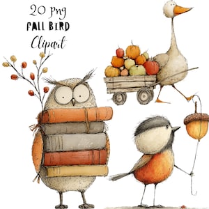 以下が含まれることがあります： 「20 png FALL BIRD Clipart」と題されたデジタルイラストセット。本と枝を持つフクロウ、カボチャを積んだ木製カートを引くガチョウ、どんぐりのランタンを持つ小鳥が水彩画風のタッチで描かれています。