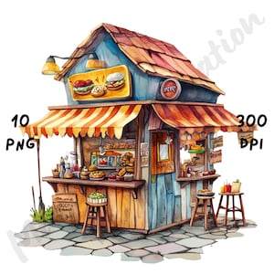 10 imágenes PNG de tiendas de comida rápida extravagantes, escenas de tienda extravagantes, comida chatarra de acuarela para revistas basura, álbumes de recortes y manualidades digitales.