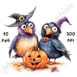 10 PNG Quirky Halloween Birds Clipart, Watercolor Cartoon Animal Sublimation, Whimsical Halloween Decorations, Paper Crafts & Junk Journals