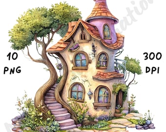 10 PNG Quirky Fantasy House Clipart, Whimsical Cute House, Watercolor Fantasy Home Scene, Cartoon Mixed Media Clip Art, Magical Illustration