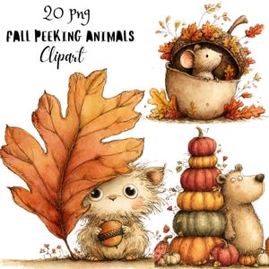 Whimsical Fall Peeking Animals Clipart, Quirky Woodland Watercolor PNG, Autumn Forest, Commercial Use Digital Download