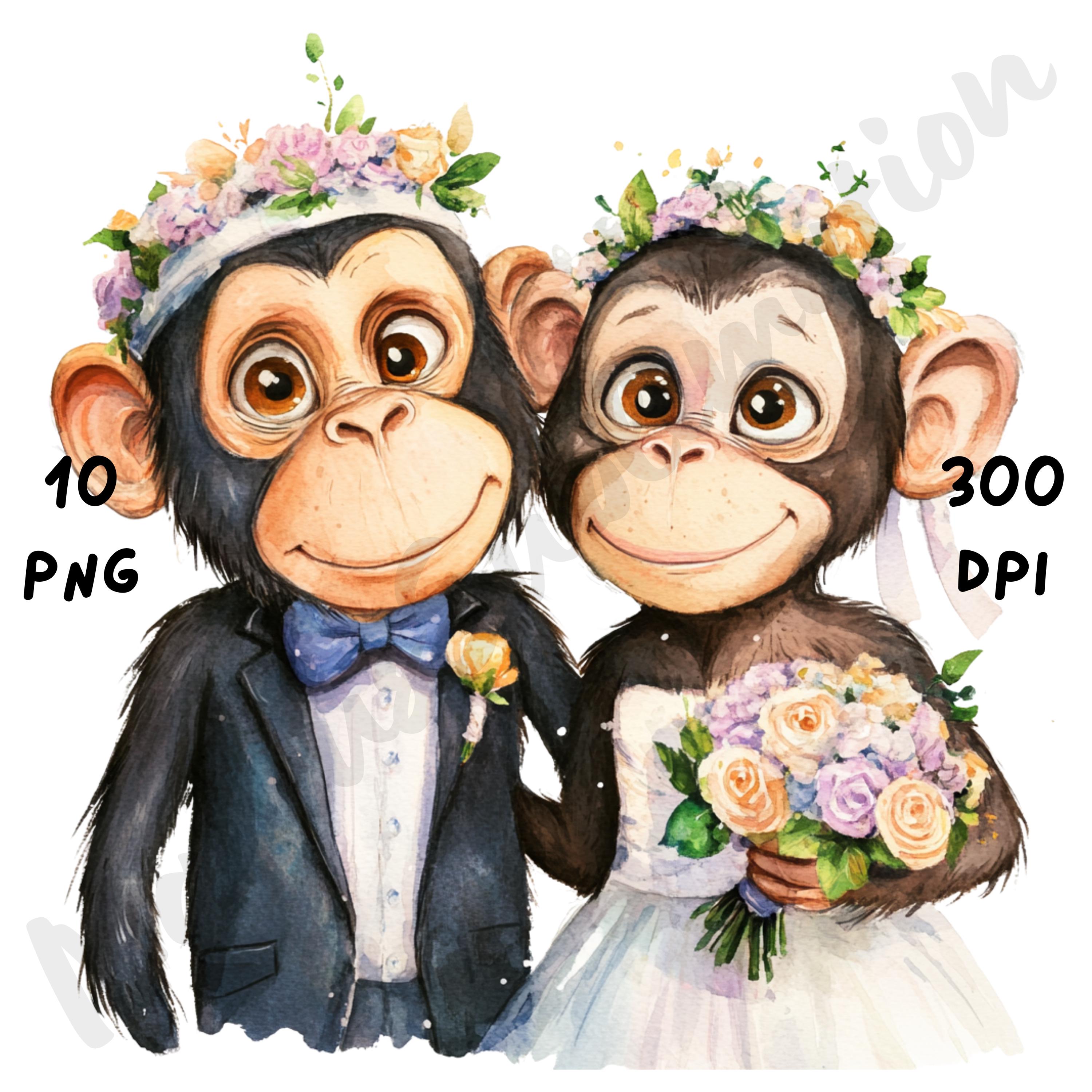 10 PNG Quirky Wedding Monkey Couple Clipart, Whimsical Cartoon Animal ...