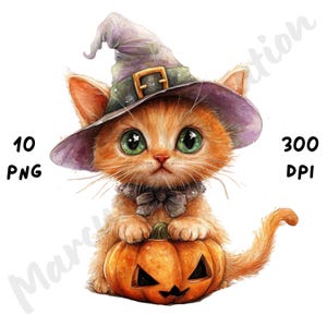 10 imágenes PNG de gatitos mágicos peculiares, divertidas y caprichosas imágenes de sublimación de Halloween, imágenes prediseñadas de gato lindo de dibujos animados de acuarela para diarios basura y álbumes de recortes.