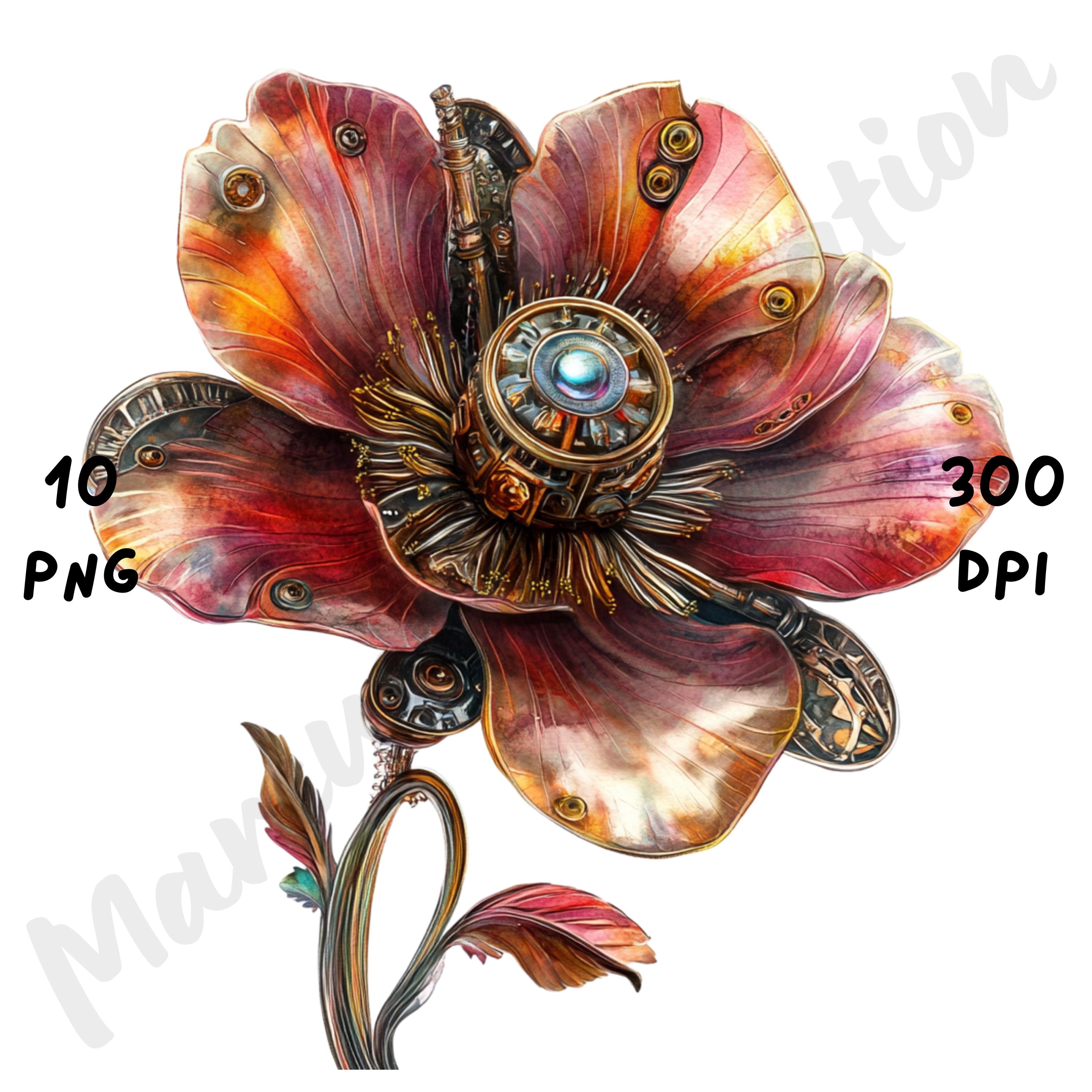 10 PNG Steampunk Spring Flower Clipart – Mechanical Floral ...