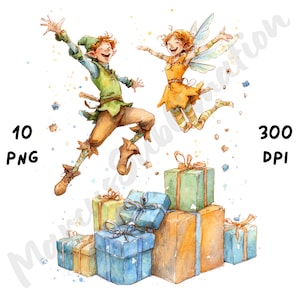 10 PNG Quirky Elf and Fairy Clipart, Whimsical Funny Fantasy Christmas Sublimation, Watercolor Cartoon Xmas for Junk Journals & Scrapbooking