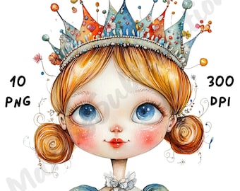 10 imágenes PNG de princesas extravagantes, imágenes prediseñadas de cuentos de hadas en acuarela, chica de la realeza caprichosa, diario basura, álbum de recortes, manualidades de papel, descarga digital