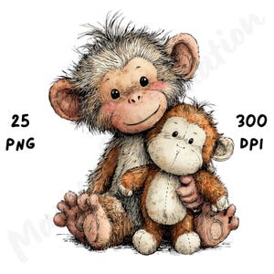 May include: A watercolor illustration of two plush monkeys. The larger monkey has light brown fur with a pink blush on its cheeks, and is embracing a smaller, brown monkey. The image includes the text "25 PNG" and "300 DPI".