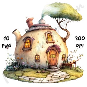May include: A watercolour illustration of a teapot-shaped house with a tree growing from its top. The house features multiple windows, a wooden door, and a stone path. The image includes the text "10 PNG" and "300 DPI".