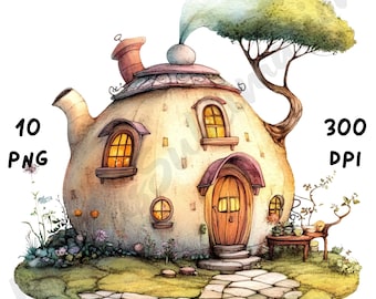 10 PNG Quirky Teapot House Clipart, Whimsical Cute Houses, Watercolor Magical Home Scene, Cartoon Mixed Media Clip Art, Fantasy Illustration