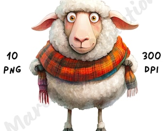10 PNG Quirky Sheep Clipart – Whimsical Funny Cartoon Lambs, Crazy Sassy Sheep PNG, Watercolor Farm Animal Sublimation, Digital Download