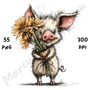 Puede incluir: Ilustraci&oacute;n en acuarela de un cerdo sosteniendo un ramo de flores amarillas y vegetaci&oacute;n. El cerdo tiene un hocico y orejas rosas, y la imagen incluye el texto "55 PNG" y "300 DPI".