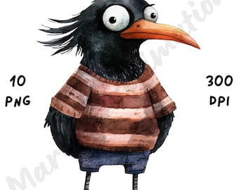 10 PNG Quirky Crow Clipart, Whimsical Cartoon Crow Sublimation, Funny Crazy Bird, Watercolor Sassy Animal Art, Digital Download Bundle