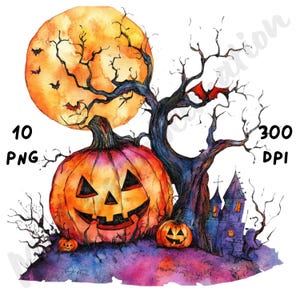 10 PNG Quirky Halloween Clipart, Watercolor Cartoon Spooky Season Sublimation, Whimsical Halloween Elements for Junk Journals & Scrapbooking