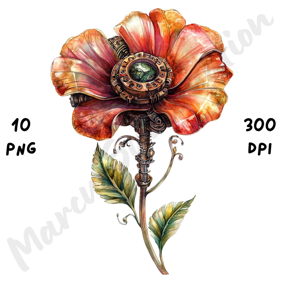 10 PNG Steampunk Spring Flower Clipart – Mechanical Floral ...