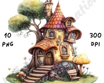 10 PNG Quirky Fairy House Clipart, Whimsical Cute Houses, Watercolor Fantasy Home Scene, Cartoon Mixed Media Clip Art, Magical Illustration