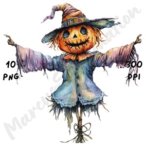 10 imágenes PNG de espantapájaros peculiares y espeluznantes, sublimación divertida y caprichosa de Halloween, imágenes prediseñadas de dibujos animados de acuarela para revistas basura y álbumes de recortes