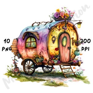 10 imágenes PNG de caravanas de hadas extravagantes, caravana de dibujos animados, cuento de hadas de fantasía en acuarela para diarios basura, álbumes de recortes y manualidades digitales.