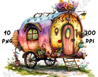 Peut inclure: Illustration à l'aquarelle d'une caravane fantaisiste, avec un toit arrondi dans les tons de bleu et de violet. La caravane a une porte en bois, une petite fenêtre et est ornée de fleurs et de verdure colorées. Le texte "10 PNG" et "300 DPI" est inclus.