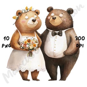 10 imágenes PNG de una peculiar pareja de osos en una boda, un animal de dibujos animados caprichoso, una acuarela romántica de un amante de los osos para manualidades de papel, un diario basura