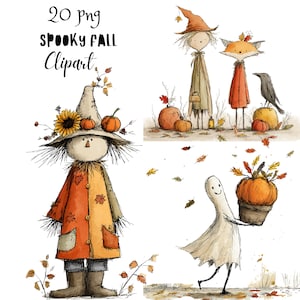 May include: A digital collection of 20 PNG spooky autumn clipart illustrations featuring a scarecrow with a sunflower hat, a fox, a crow, and a ghost carrying a pumpkin. The text 20 png SPOOKY FALL Clipart is displayed in black lettering.