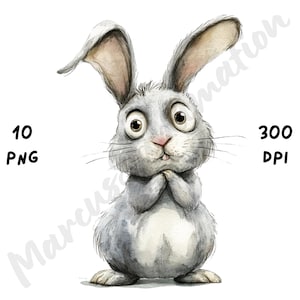 10 imágenes PNG de conejos peculiares: divertidos y caprichosos dibujos animados, diseño de sublimación de conejos atrevidos y de acuarela, descarga digital de arte PNG