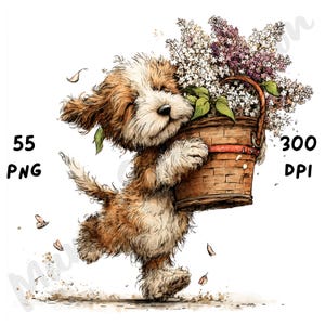 Puede incluir: Ilustraci&oacute;n en acuarela de un cachorro marr&oacute;n y blanco esponjoso que lleva una cesta de mimbre llena de flores blancas y moradas. La imagen incluye el texto "55 PNG" y "300 DPI".