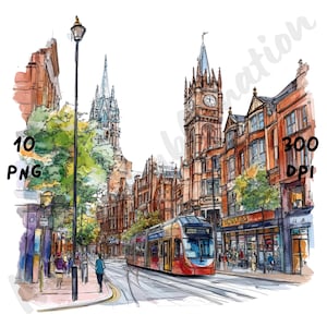 10 imágenes PNG de escenas peculiares de Birmingham, vista británica en acuarela, paisaje urbano inglés caprichoso, arte de viajes de dibujos animados, imágenes prediseñadas de paisaje urbano