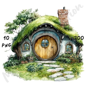 10 imágenes prediseñadas de una peculiar casa hobbit, una casa encantadora y caprichosa, una casa de fantasía en acuarela, una ilustración de cuento de hadas de dibujos animados, imágenes prediseñadas de técnica mixta
