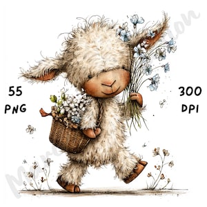 Puede incluir: Ilustraci&oacute;n en acuarela de una oveja esponjosa que lleva un ramo de flores azules y una cesta de flores blancas. La oveja camina sobre una superficie herbosa. La imagen incluye el texto "55 PNG" y "300 DPI".