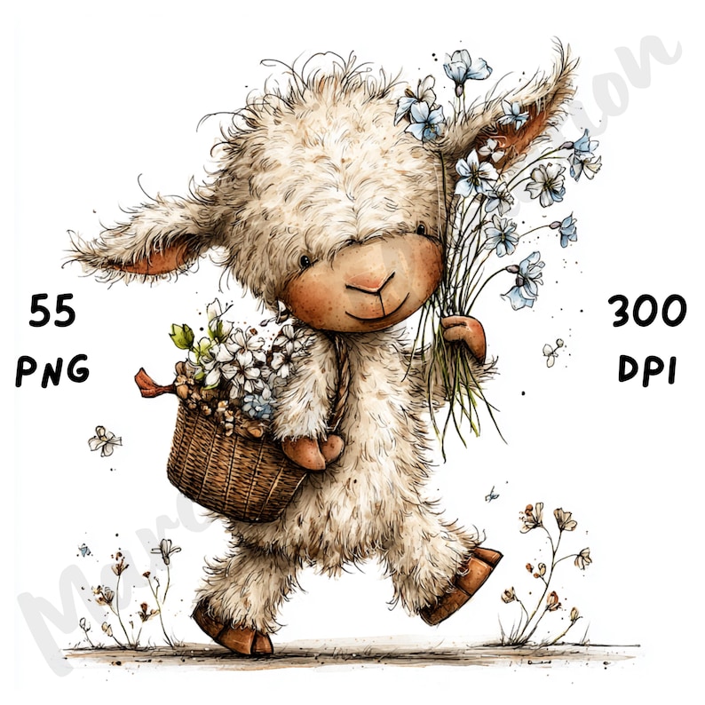 Puede incluir: Ilustraci&oacute;n en acuarela de una oveja esponjosa que lleva un ramo de flores azules y una cesta de flores blancas. La oveja camina sobre una superficie herbosa. La imagen incluye el texto "55 PNG" y "300 DPI".